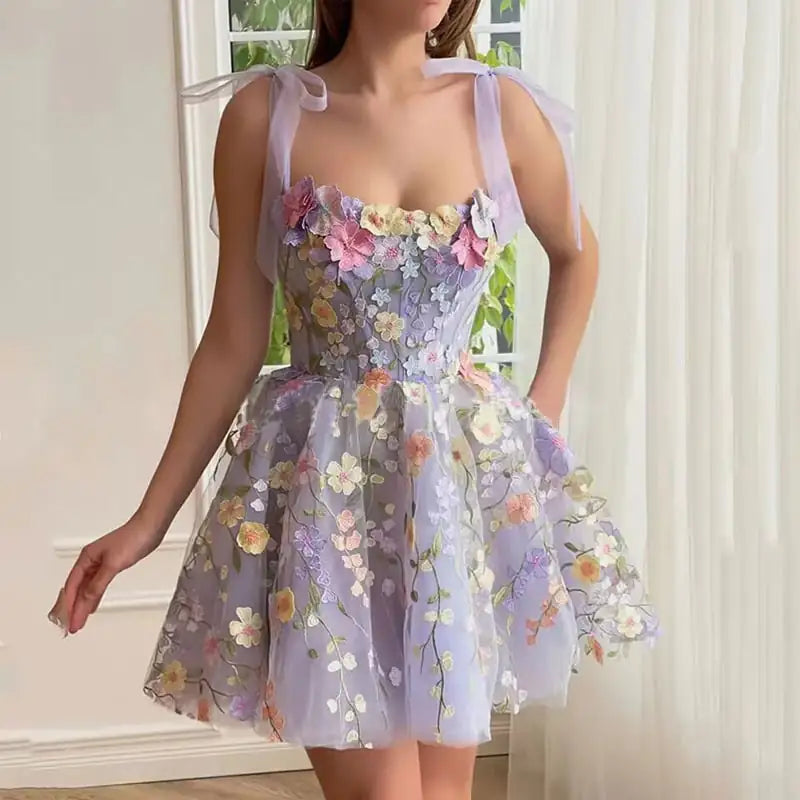Fairycore 3D Floral Appliqué Tulle Mini Dress – Lavender Embroidered Party Dress