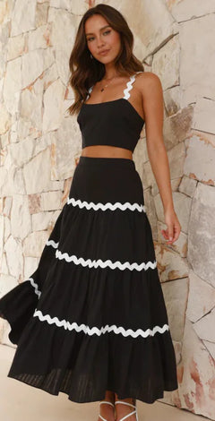 Boho Chic Two-Piece Set – Crop Top & Tiered Maxi Skirt