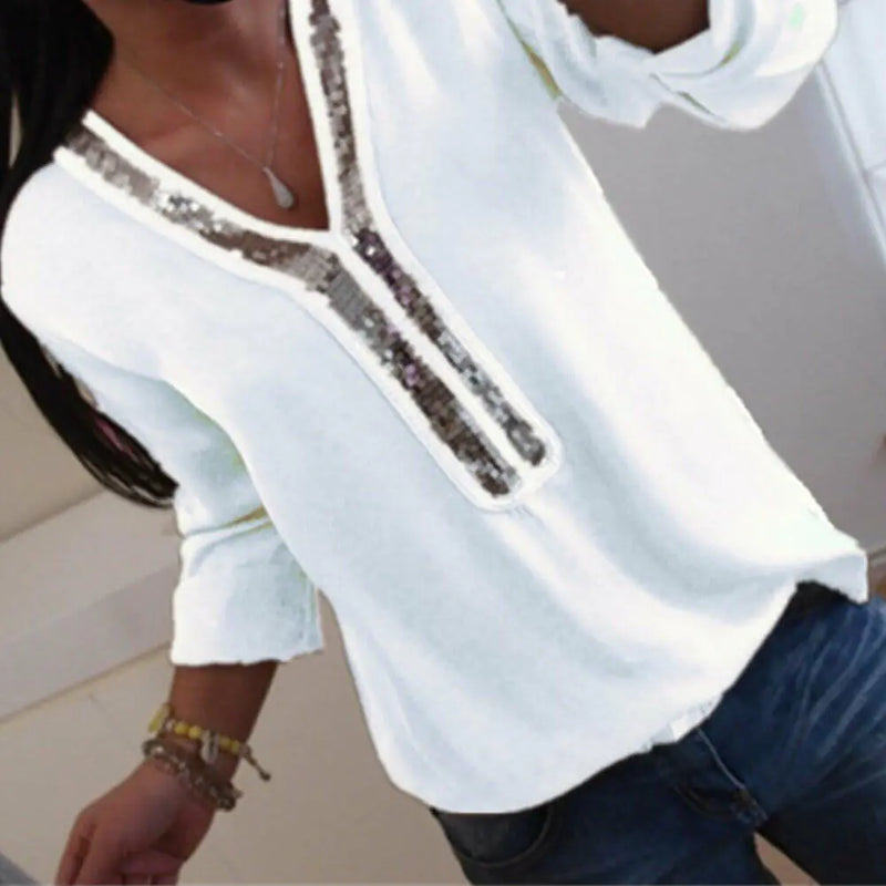 Chiffon V-Neck Blouse with Silver Sequin Trim – Long Sleeve