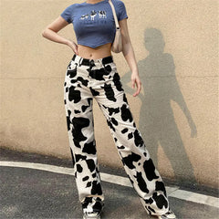 Cow Print High-Waisted Straight Leg Jeans – Black & White Denim