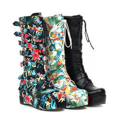 Fashionable Mid-Calf Wedge Boots with Buckle