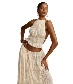 Boho Beach Two-Piece Set – Halter Crop Top & Maxi Skirt