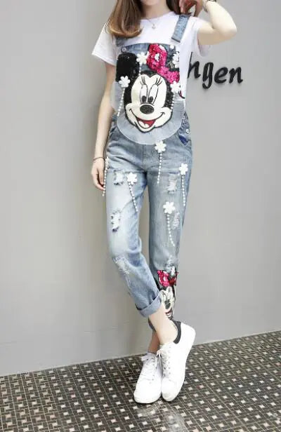 Cartoon Denim Overalls with Sequin Minnie Design – Casual Cute Streetwear