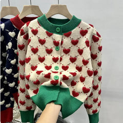 3D Heart Knit Cardigan – Cute Button-Up Sweater