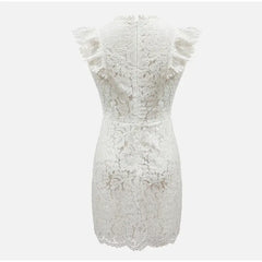Elegant White Lace Sheath Dress – High Neck with Cap Sleeves