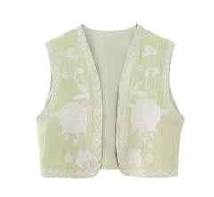 Embroidered Floral Vest with V-Neck