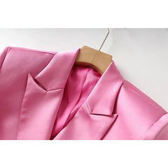Pink Satin 3-Piece Suit Set – Blazer, Mini Skirt & Triangle Top