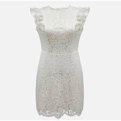 Elegant White Lace Sheath Dress – High Neck with Cap Sleeves