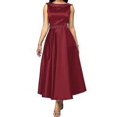 Elegant Vintage Satin Dress with Embroidered Collar and Waist – Sleeveless Evening Dress