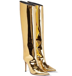 Gold high-heeled knee-high boots