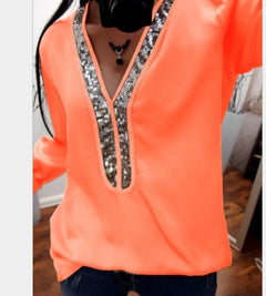 Chiffon V-Neck Blouse with Silver Sequin Trim – Long Sleeve