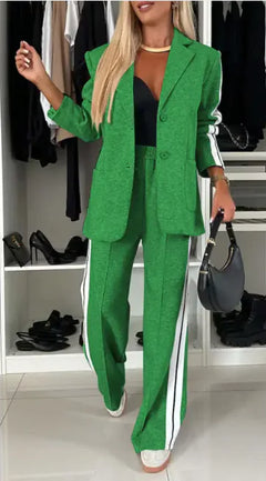 Sporty Chic Stripe Blazer Suit – Women’s Two-Piece Pants Set