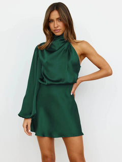 Asymmetrical Satin Mini Dress – One-Sleeve Halter Neck Elegance