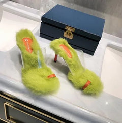 Rabbit Fur High Heels with Color Block Design