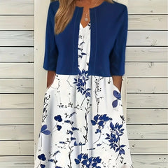 Elegant Floral Print Midi Dress with Matching Bolero Jacket
