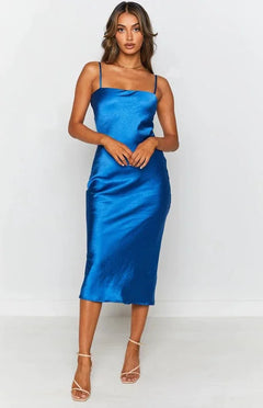Minimalist Satin Midi Dress – Spaghetti Strap