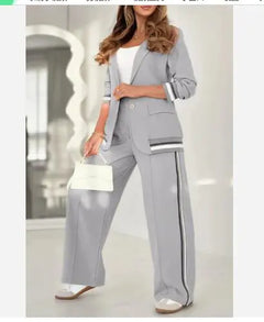 Women’s Two-Piece Wide-Leg Trousers & Blazer Set – Casual Chic Suit Style