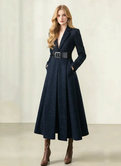 Elegant Belted Maxi Wool Coat – Long A-Line Winter Coat for Women