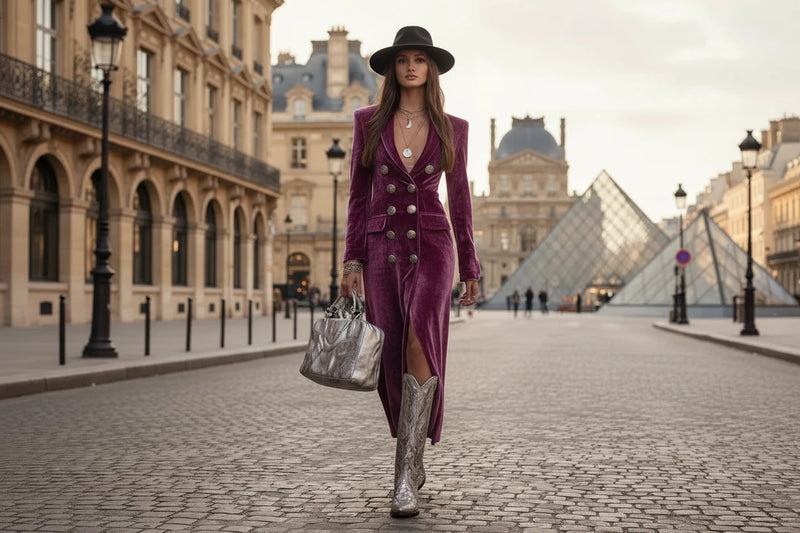 Woman in a purple coat and hat holding a silver handbag against a textured gray wall.