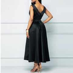 Elegant Vintage Satin Dress with Embroidered Collar and Waist – Sleeveless Evening Dress