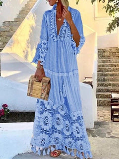 Boho Tassel Lace Maxi Dress – Embroidered Long Sleeve Beach Kaftan