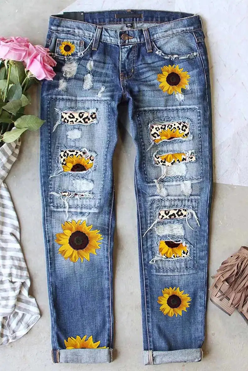 Sunflower Print Jeans – Ripped Blue Denim