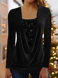 Sequin-Stitched U-Neck Long-Sleeve Shirt