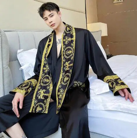 Men's Luxury Gold Print Bath Robe with Open Front