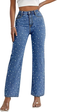 Pearl Embellished Jeans for Women - High Waisted Straight Leg Stretch Denim Pants with Faux Pearl Beaded Detail
