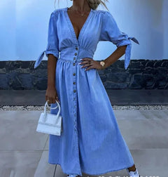 Chic Denim Midi Dress with Button Front & Tie Sleeves – Women's Dress