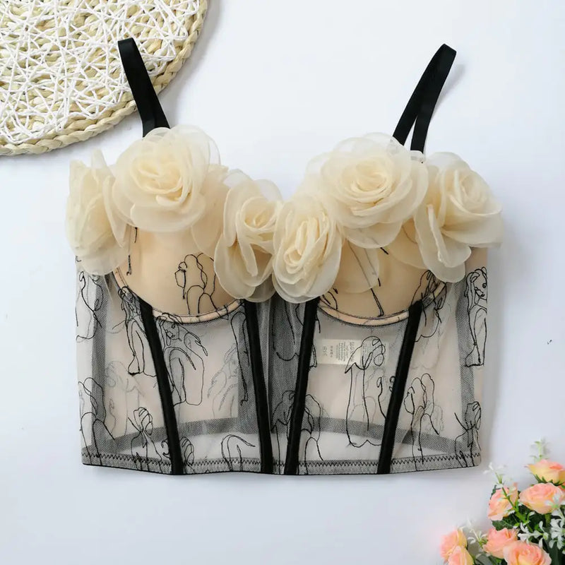 Floral Embroidered Sheer Tulle Corset Top – Romantic Mesh Bralette with 3D Roses