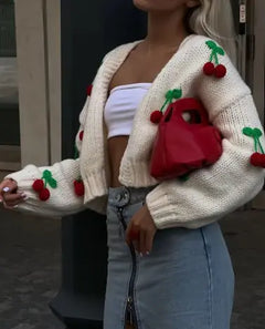 Knitted Cherry Cardigan – Off-White with 3D Cherries