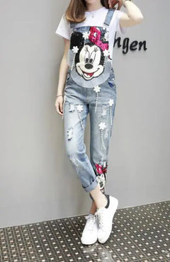 Cartoon Denim Overalls with Sequin Minnie Design – Casual Cute Streetwear