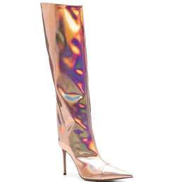 Holographic knee-high boot with clear heel on a white background
