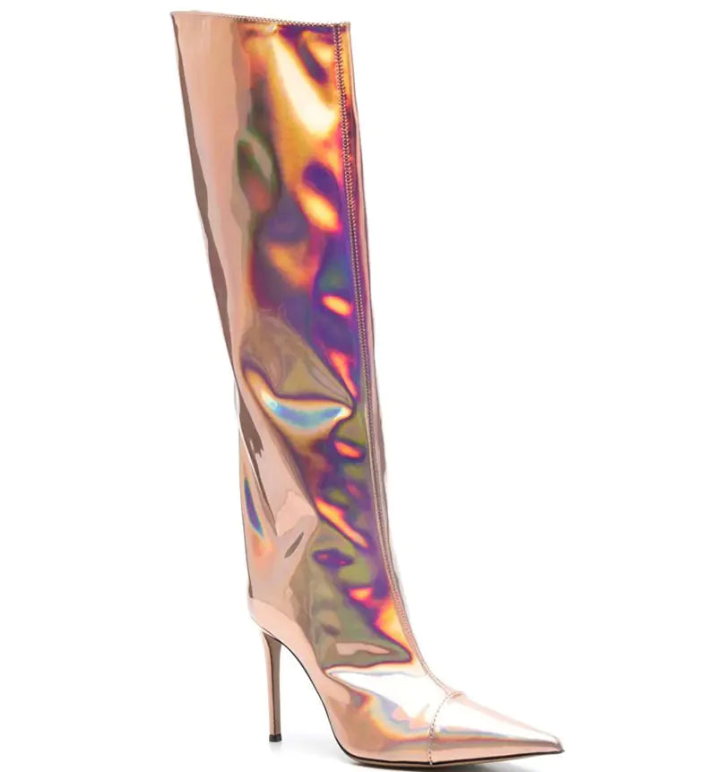 Holographic knee-high boot with clear heel on a white background