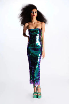 Shimmer & Stun – Spaghetti Strap Sequin Gown with Back Slit