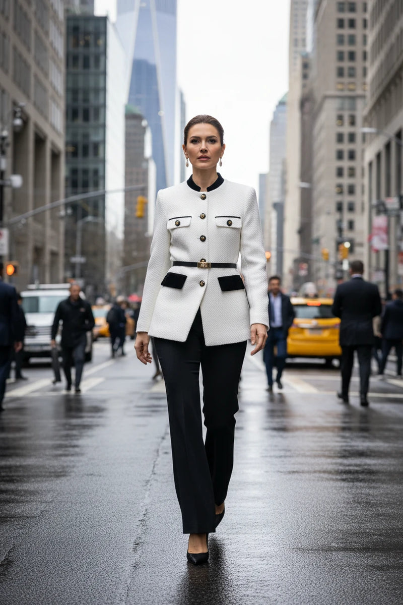 women structured belted blazer office style tailored jacket black white polyester