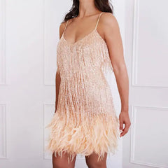 Feather & Sequin Party Dress – V-Neck Bodycon with Spaghetti Straps