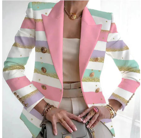 Chic Pastel Striped Blazer with Gold Glitter – Women’s Statement Jacket