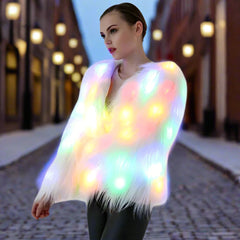 LED Faux Fur Coat – Women’s Light-Up Festival Jacket, White Fluffy Outerwear with Lights