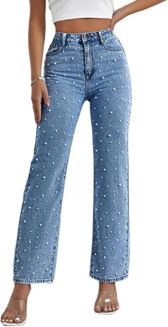 Pearl Embellished Jeans for Women - High Waisted Straight Leg Stretch Denim Pants with Faux Pearl Beaded Detail