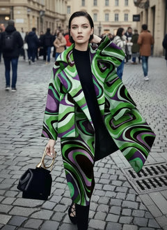 Woman wearing a green retro swirl print oversized long coat walking in a city street.