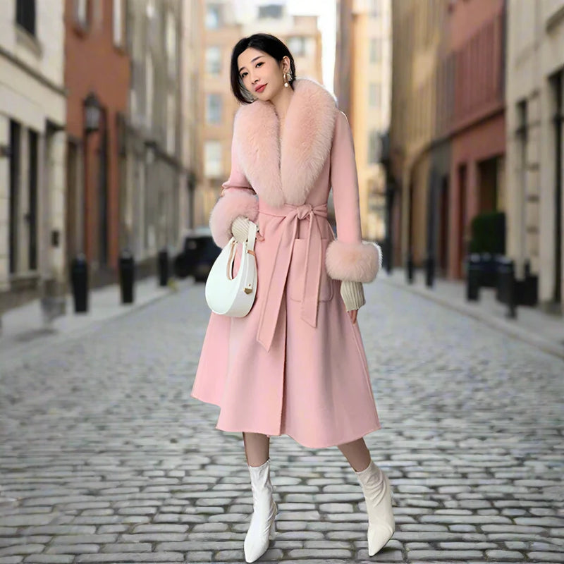 Women’s Slim Fit Wool Coat with Large Fur Collar – Elegant Mid-Length Winter Jacket