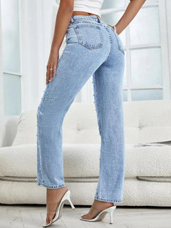 Pearl Embellished Jeans for Women - High Waisted Straight Leg Stretch Denim Pants with Faux Pearl Beaded Detail