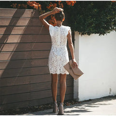 Elegant White Lace Sheath Dress – High Neck with Cap Sleeves