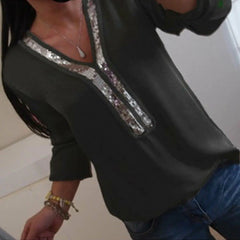 Chiffon V-Neck Blouse with Silver Sequin Trim – Long Sleeve