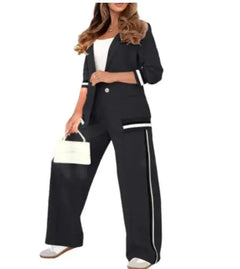 Women’s Two-Piece Wide-Leg Trousers & Blazer Set – Casual Chic Suit Style
