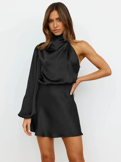 Asymmetrical Satin Mini Dress – One-Sleeve Halter Neck Elegance