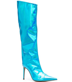 Blue patent leather knee-high boot on a white background